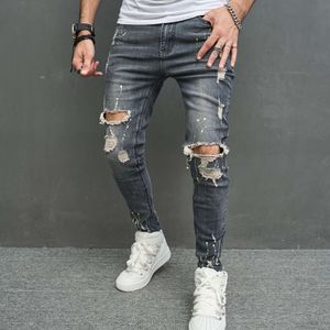 Ripped Skinny Hommes Crayon Jeans Pantalons Élégant Mâle Hip Hop Speckle Encre Trous Imprimés En Détresse Stretch Denim Pantalon pour Hommes