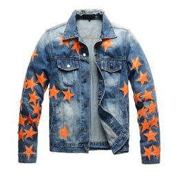 Jaqueta jeans masculina rasgada slim fit, manga comprida, estrelas, remendos, casacos de beisebol e jaquetas, azul, streetwear, motocicleta, casaco