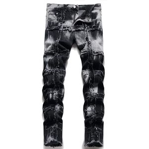 Gescheurde splicing heren verven casual streetwear black wash cotton jeans mode slanke fit splet denim broek midden taille pantalones