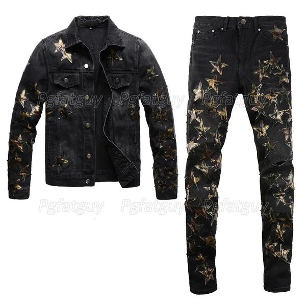 Ripped Star Patch Black Mens sets Spring Autumn JacketJeans Set Male Fashion Slim Fit Denim Tops Matching Streting Skinny Pants 240428