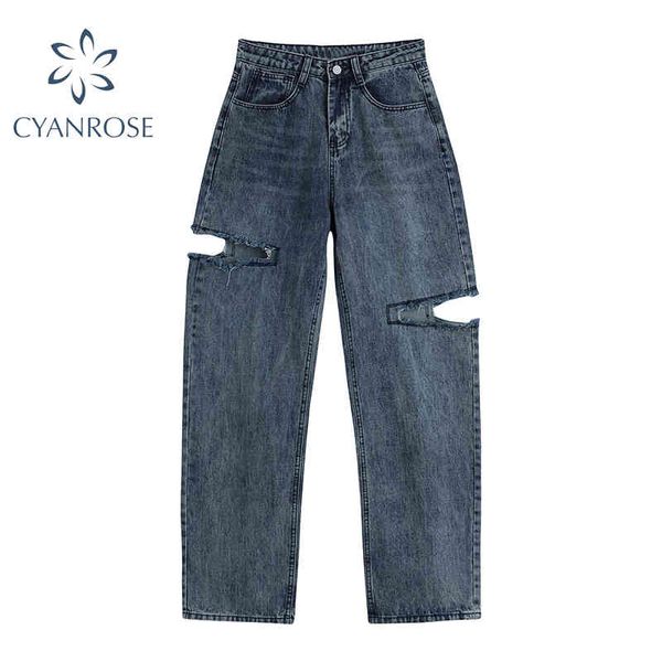 Jeans pour femmes déchirés Baggy Vintage Taille haute Boyfriends Maman Y2K Denim Streetwear E-Girl Korean Wide Leg Jeans Été 210417
