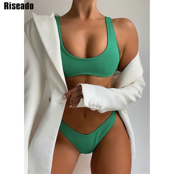 Riseado Push Up Roupa de Banho Feminina Sexy Biquíni Feminino Maiô Corte Alto Tanga Biquini Fato de Banho Verde Conjunto de Verão 210722