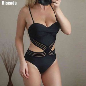 Riseado Sexy malla Monokini traje de baño Push Up traje de baño mujer negro fruncido traje de baño trajes de baño 210611