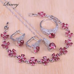 Risenj zilveren kleur rose rode ronde sieraden set voor vrouwen hoepel oorbellen ring ketting armband mode-sieraden H1022