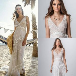 Rish -jurken Bohemia Beading Deep V Neck Lace Appliqued Beach Boho Sweep Train Wedding Jurk Bridal Ghows Robe de Marie