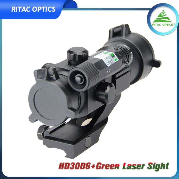 RITAC OPTICS Táctico HD1x30 Red Dot Rifle Scope Caza Riflescopes con láser verde al aire libre para riel de 20 mm