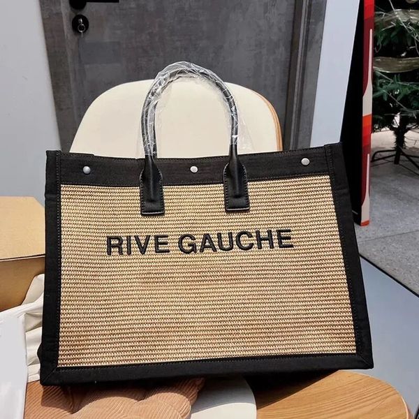 Rive Gauche Bolso de mano grande 48 cm Bolsos de mujer Bolsos de hombre Bolso de compras Tejido Bolsillo de gran capacidad Bolsos de playa de viaje de verano Bolsos de hombro de hombre Lona