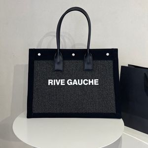 Rive Gauche Shopping Sac Linn and Leather Handbag Paille de la lettre de paille fourre-tout