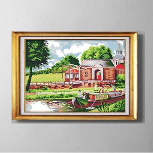 Riverside Landschap Vietnam Huis, Handgemaakte Kruissteek Borduurwerk Handwerken Set, DIY Painting Geteld Gedrukt op stof DMC 11CT 14CT Kits