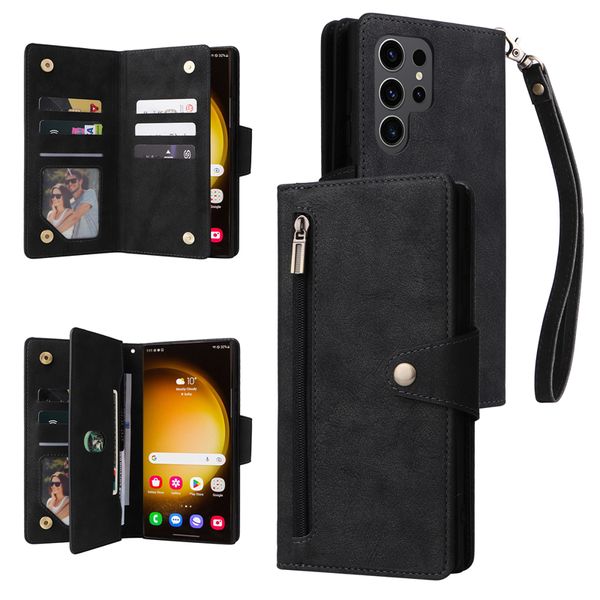 Funda para teléfono con cremallera y remaches para iPhone 15 14 13 Pro Max Google Pixel 8 8Pro 8A 6 6Pro 6A 7 7A 7Pro Oneplus Nord N300 5G N200 N100 N10 Nord2 N20 Cuerda Cartera de cuero Cadena Shell