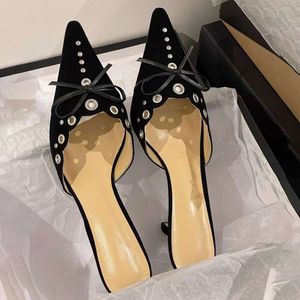 Rivet High Slippers Bow Pointed Pumps Women Fashion Designer Mule Shoes Suede Stiletto Heel Slingback Sandalen Vrouw