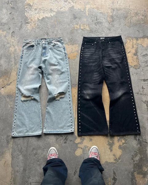 Rivet Technology Punk Goth Ripped Jeans For Women Y2K Streetwear High Waited Retro Baggy Jeans Hip Hop Fashion Denim Pants 240429