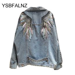 Rivet Wings Coature Casual Geborduurde Denim Jas Sprint Korte Jas Jassen Voor Lange Mouw Chaqueta Mujer 211014