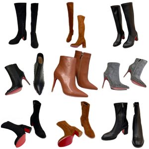 Bottes au genou bout pointu talons hauts chaussures rouges classiques pour femmes chaussures de luxe lettre chaussures de créateur couleur unie cuissardes bottes en cuir véritable bottines chaussures habillées célèbres