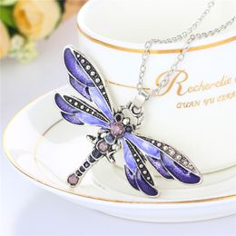 Crystal Rhinestone Dragonfly Ketting Antiek Zilver Emaille Hanger Ketting Dier Model Mode-sieraden voor Vrouwen Gift