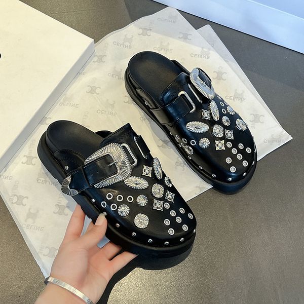 Rivets Slippers Summer Women Platform Punk Rock Leather Mules Creative Metal Fitings Casual Party Shoe Female Femelle Tirasses 230703