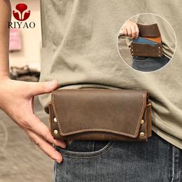 RIYAO Paquete de cintura de cuero genuino Vintage Bolsa de teléfono de doble capa Bolsa Fanny Pack para hombre Funda Cinturón Monedero Hombre 240326