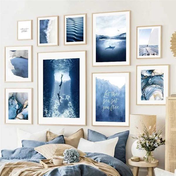 RK Blue Langdscape Wall Art Canvas Peinture Ocean Beach Sea View Affiche et gravure nordique Mur Picture Picture Décoration Affiche J240505
