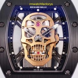 RM Sports Pols Watch Automatische mechanische Tourbillon Movement Chronograph Time Compiece Full Sky Star Skull Watch Multifunctionele uitgeholde herenhorloge