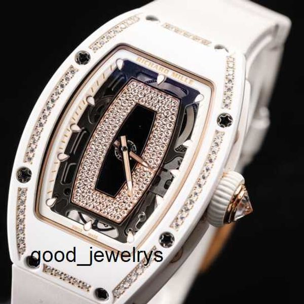 RM Timepiece Montre-bracelet décontractée Athleisure Montre-bracelet RichardMillc pour femme Série Rm0701 Lèvre noire Or rose 18 carats Diamant neige Automatique Mécanique Blanc C