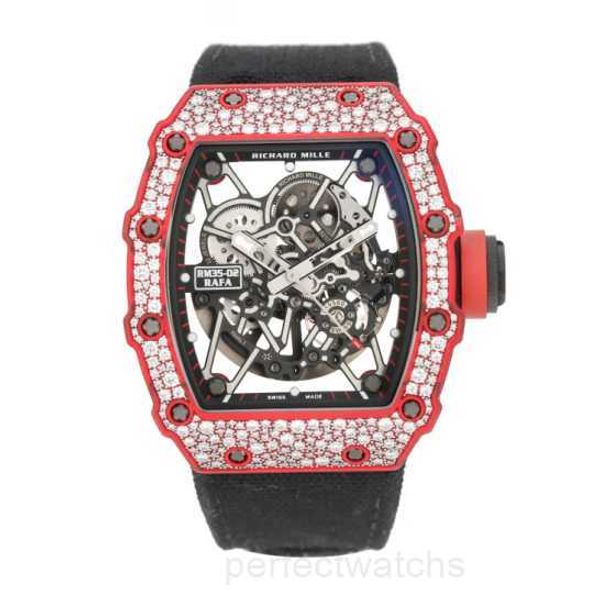 RM Reloj de pulsera KU+ Reloj de pulsera de fábrica Reloj de lujo Richardmile Serie para hombre Fibra de carbono Original Copo de nieve Diamante Reloj mecánico automático para hombre Rm35-02