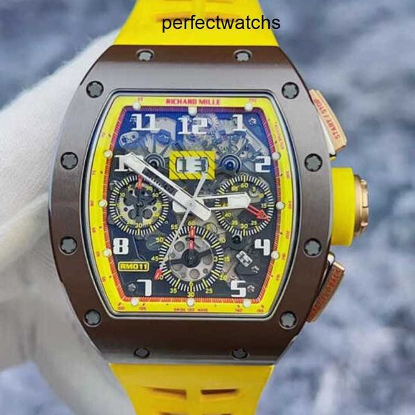 Reloj de pulsera RM con caja Richardmile Reloj de pulsera RM011 Círculo de cerámica Color marrón amarillo Función de tiempo a juego Hueco