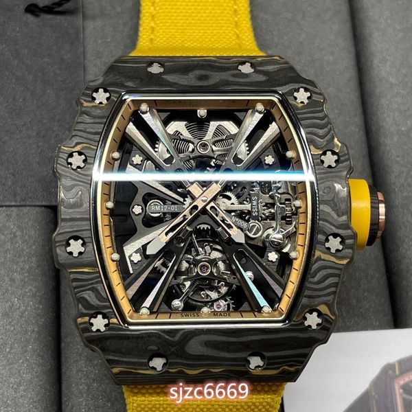 Montre RM12-01 Équipée d'un tourbillon flottant Mouvement à remontage manuel Boîtier en fibre de carbone Miroir en verre saphir