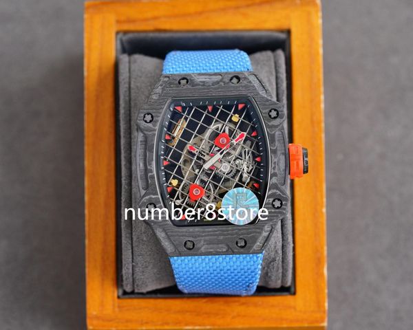 RM27-04 Tennis Montre Homme Tonneau en Fiber de Carbone Montre de Luxe Automatique Mécanique Saphir Cristal Designer Montre-Bracelet Étanche Réserve de Marche 8 Couleurs