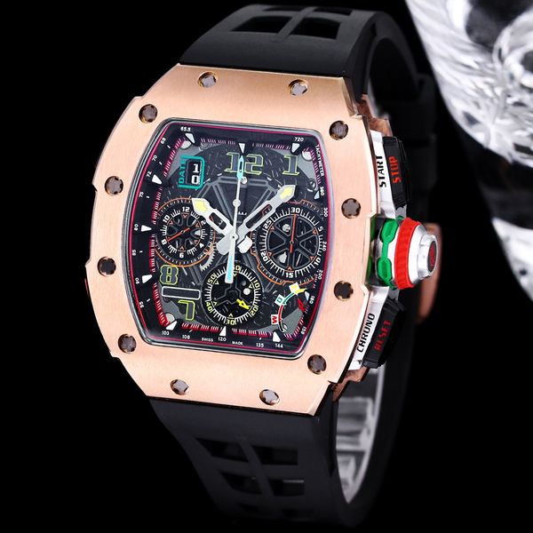 RM65-01 Reloj cronógrafo de oro rosa para hombre VK Cuarzo Esfera negra esqueletizada Reloj de pulsera Tonneau suizo Cristal de zafiro Relojes deportivos de gran tamaño a prueba de agua 6 colores