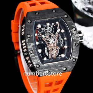 RM66 koolstofvezel sportheren horloge Zwitsers kwarts skelet wijzerplaat tonneau polshorloge saffier kristal waterdichte waterdichte luxe horloges oranje rubber