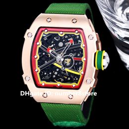 RM67-02 Montre pour homme à remontage automatique en or rose 18 carats Cadran squelette Tonneau suisse Montre-bracelet Saphir Cristal Sport Montres de sport étanches 14 couleurs