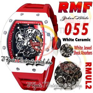 RMF 055 Montre pour homme RMUL2 Mécanique à remontage manuel Boîtier en céramique blanche Cadran squelette Bague intérieure rouge Bracelet en caoutchouc rouge 2023 Super Edition éternité Sport Montres Herrenuhr