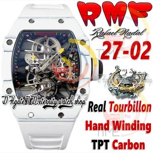 RMF 27-02 Mens Watch Real Tourbillon Mechanical Hand Winding TPT Quartz Carbon Fiber Case Skeleton Dial White Rubber Strap 2023 Super Edition Sport Eternity Watches