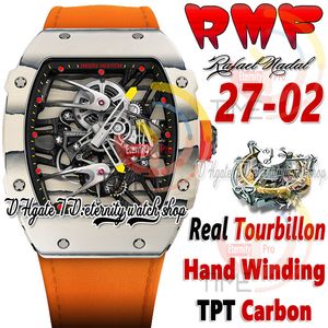 RMF 27-02 Mens Watch Real Tourbillon Mechanical Hand Winding TPT Quartz Koolstofvezel Kas Skelet Dial Orange Nylon Strap 2023 Super Edition Sport Eternity Watches