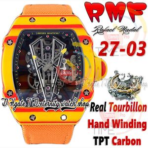 RMF 27-03 Mens Watch Real Tourbillon Hand Winding Red Yellow TPT Quartz Koolstofvezel Kas Skelet Dial Orange Nylon Strap 2023 Super Edition Sport Eternity Watches