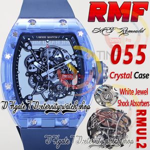RMF AET 055 Mens Watch RMUL2 Mechanische handwindende True Balance Spring Crystal Blue Case Skeleton Dial Black Inner Ring Rubber Riem Super Edition Eternity Watches