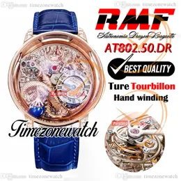 RMF AT802.50.DR Astronomia Tourbillon Reloj mecánico para hombre Diamantes baguette pavimentados helados Oro rosa Arte 3D Dragon Dial Cuero Super Edition Timezonewatch A06D