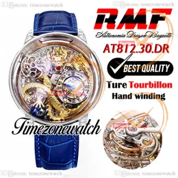 RMF AT812.30.DR Astronomia Tourbillon Reloj mecánico para hombre Diamantes baguette pavimentados helados Arte 3D Dragón dorado Dial Cuero Super edición Timezonewatch A06F
