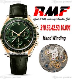 RMF Moonwatch Moonshine Chronographe à remontage manuel Montre pour homme 2022 Or jaune 18 carats Cadran vert Caoutchouc 310.63.42.50.10.001 Apollo 11 Édition 50e anniversaire Puretime A1