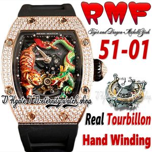RMF YS51-01 Mens Watch Real Tourbillon Hand Winding 3D Dragon Tiger Totem Painted Dial Rose Gold Diamonds Case Black Rubber Riem Super Edition Sport Eternity Watches