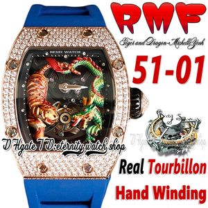 RMF YS51-01 Mens Watch Real Tourbillon Hand Winding 3D Dragon Tiger Totem Painted Dial Rose Gold Diamonds Case Blue Rubber Riem Super Edition Sport Eternity Watches