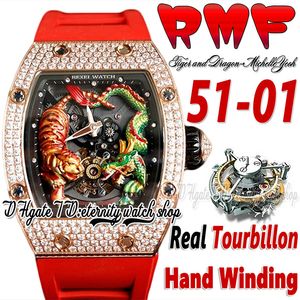 RMF YS51-01 Mens Watch Real Tourbillon Hand Winding 3D Dragon Tiger Totem geschilderde wijzerplaat Rose Gold Diamonds Case Red Rubber Strap Super Edition Sport Eternity Watches