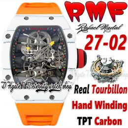 RMF YSF27-02 Mens Watch Real Tourbillon Mechanische handwikkeling TPT Quartz Carbon Fiber Case Skeleton Dial Orange Rubber Strap Super Edition Sport Eternity Watches