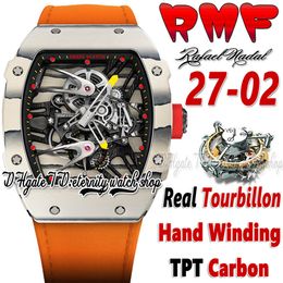 RMF ysf27-02 Montre pour homme Véritable Tourbillon Mécanique Enroulement manuel TPT Quartz Boîtier en fibre de carbone Cadran squelette Bracelet en nylon orange Super Edition Sport Montres d'éternité