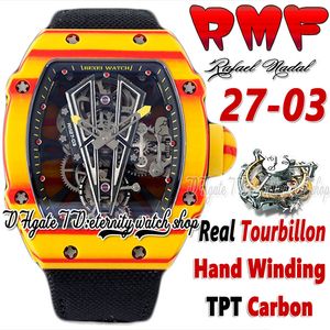 RMF YSF27-03 Mens Watch Real Tourbillon Hand Winding Red Yellow TPT Quartz Koolstofvezel Kas Skelet Dial Black Nylon Strap Super Edition Sport Eternity Watches