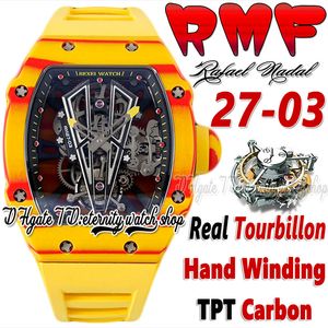 RMF YSF27-03 Mens Watch Real Tourbillon Hand Wikkeling Roodgele TPT Quartz Koolstofvezel Case Skelet-wijzerplaat Geel Rubber Riem Super Edition Sport Eternity Watches