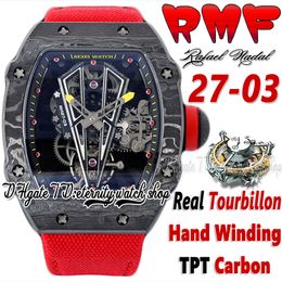 RMF YSF27-03 Mens Watch Real Tourbillon Mechanische handwikkeling Black TPT All Carbon Fiber Case Skeleton Dial Red Nylon Strap Super Edition Sport Eternity Watches