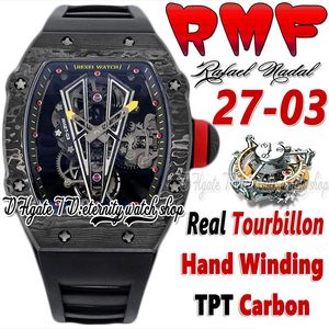 RMF YSF27-03 Mens Watch Real Tourbillon Mechanische handwikkeling Black TPT Alle koolstofvezel kast skelet wijzerplaat zwarte rubber riem super editie sport eeuwigheid horloges