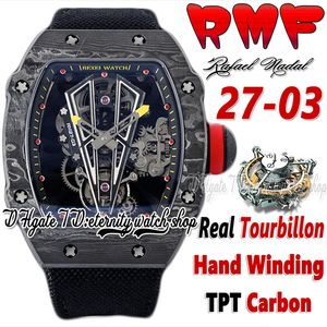 RMF ysf27-03 Montre pour Homme Véritable Tourbillon Mécanique à Remontage Manuel Noir TPT Boîtier en Fibre de Carbone Cadran Squelette Bracelet en Nylon Noir Super Edition Montres Sport éternité