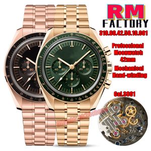 Montres RMFactory RMF Professional 42mm Moonwatch 3861 Chronographe à remontage manuel Montre pour homme Cadran vert Bracelet en or jaune Montres-bracelets pour hommes